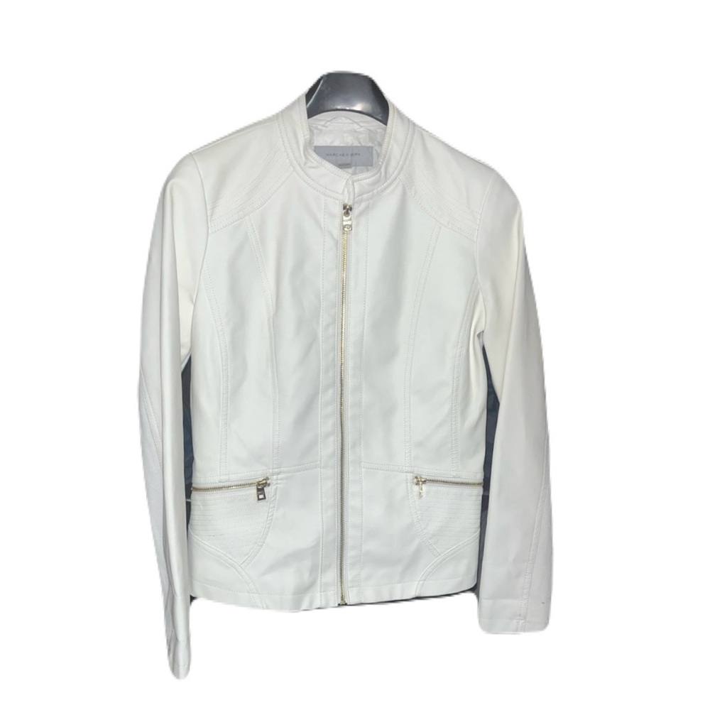 white leather or faux leather moto-style jacket